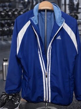 Adidas Blue and White Men's Windbreaker Jacket